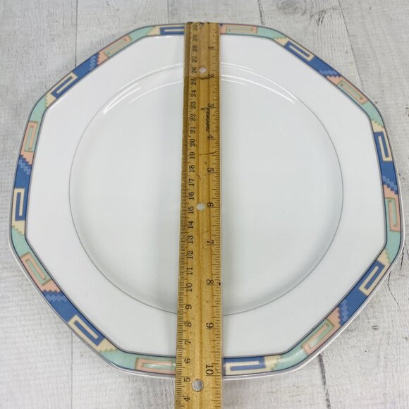 Christopher Stuart SOUTHWEST Green Blue Coral Rim White China Dinner Plate Set 4 - Picture 11 of 16